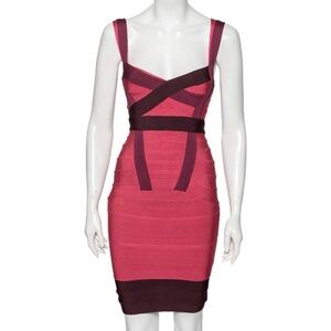 Herve leger pink knit tonal panel double strap bandage dress